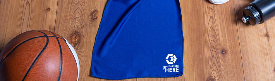 Blue sports cooling towel with white imprint