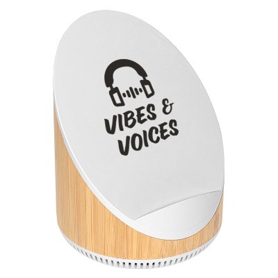 Bamboo speaker with a personalized logo.