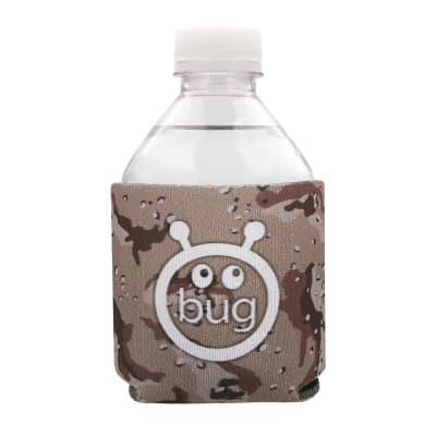 Foam brown camo mini water bottle cooler with custom print.