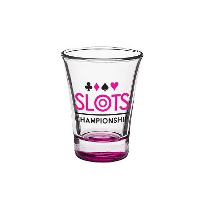 Pink shot glass with full color logo.