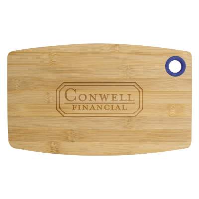 Navy blue 13-in. welland bamboo cutting board with laser engraved custom logo.