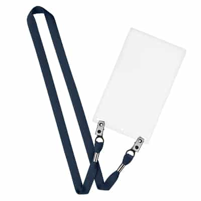 5/8 inch black tubular polyester blank lanyard with double bulldog clips and event holder.