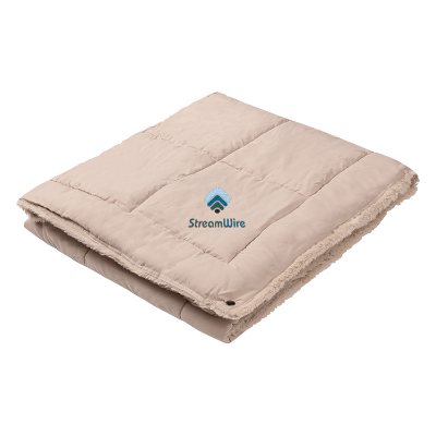 Wearable soft plush inner lined polyester embroidered latte blanket.