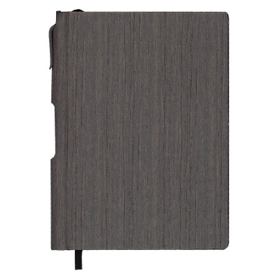 Gray wood design notebook with matching pen.