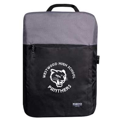Black and dark gray backpack cooler with custom logo.