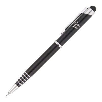 Black mechanical pencil with silver accents and logo.