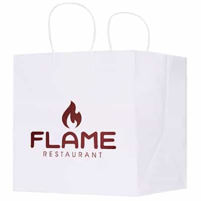 Kraft paper white 12 inch wide takeout bag with printed foil logo.