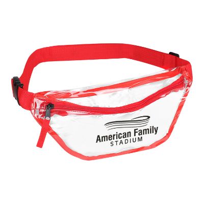 Red PVC fanny pack with customized area that meets NFL size guidelines.