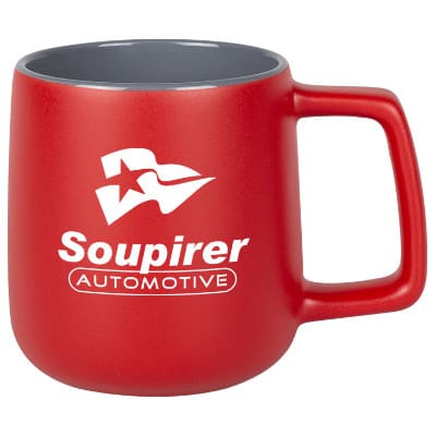 Ceramic red coffee mug with c-handle and custom design in 15 ounces.