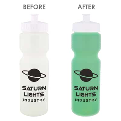 Plastic glow in the dark water bottle with push pull lid and branding in 28 ounces.