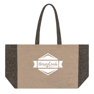 Natural with black recycled cotton contrast side tote bag with custom logo.