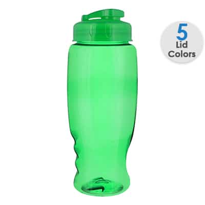 Plastic translucent blue water bottle blank and flip top lid in 27 ounces.
