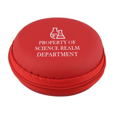 Synthetic red circular electronics pouch with logo.
