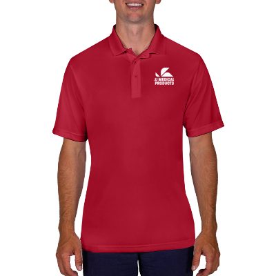 Deep red polo with personalized logo.