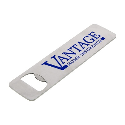 Magnetic stainless steel bottle opener with promotional logo.