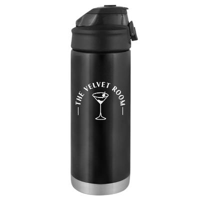 Satin black stainless bottle with custom logo.