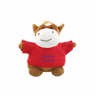 Plush and cotton red bean bag buddy horse with branded logo.