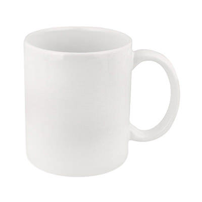 Ceramic white coffee mug blank with c-handle in 11 ounces.