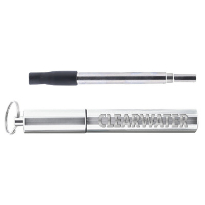 Telescopic stainless steel straw with engraved logo.