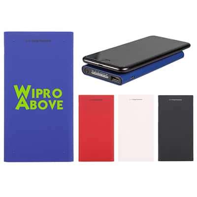 Plastic blue power bank with wireless qi charger with imprinting.
