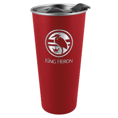 Red tumbler with engraved imprint.