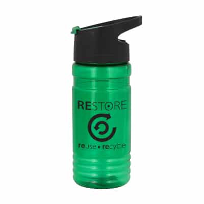 Upcycle plastic green water bottle with pop up sip lid and custom imprint in 20 ounces.