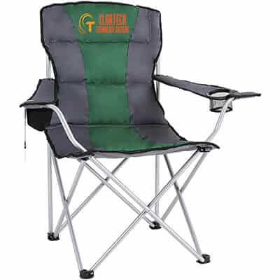 Full color imprint on charcoal with green strip folding chair with bottle opener and branded carrying bag.