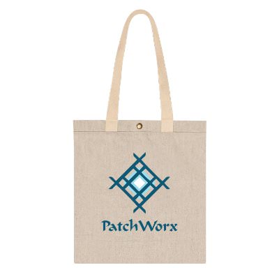 Gray recycled cotton canvas tote bag with custom full-color logo.