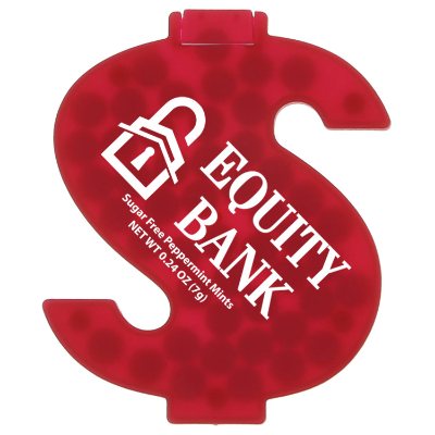 Personalized translucent red dollar sign credit card mints.