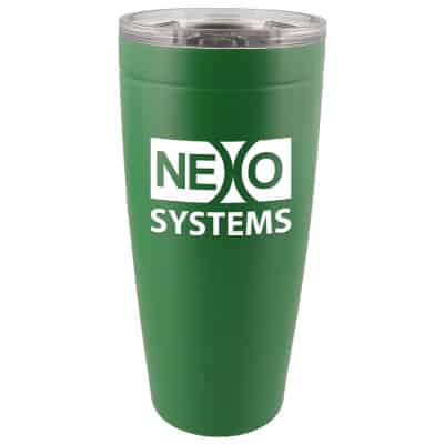 Stainless steel green tumbler with custom branding in 20 ounces.