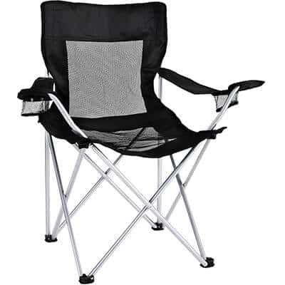 Black mesh back and bottom folding chair with carrying bag.