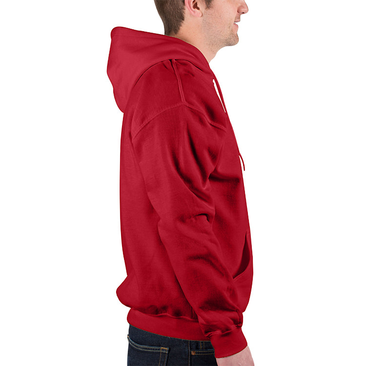 Customized cherry red hooded sweatshirt.