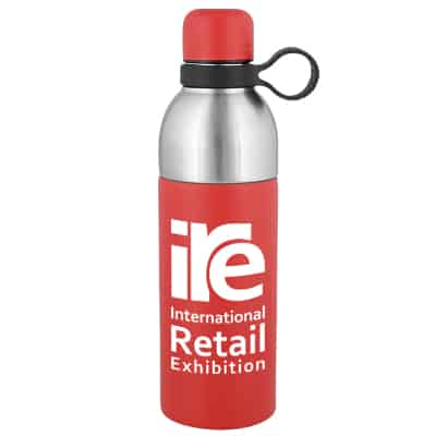 Stainless steel red water bottle with custom imprint in 18 ounces.