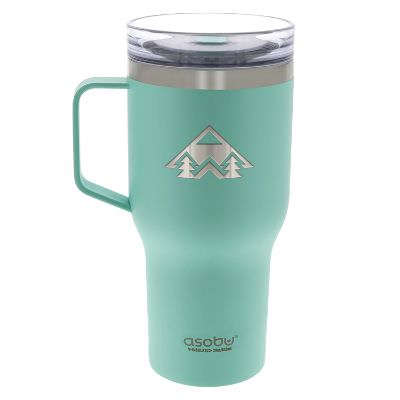 Teal tumbler with engraved logo.