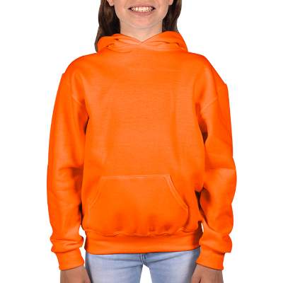 Blank safety orange youth hooded sweatshirt.