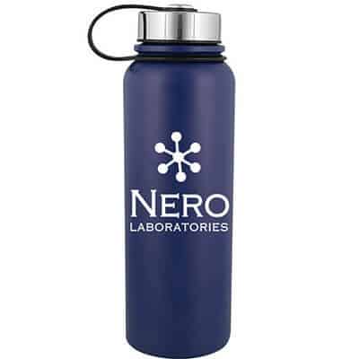 Stainless steel blue water bottle with custom print in 40 ounces.