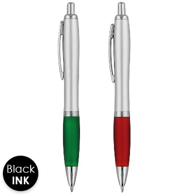 Silver pen with solid color gripper.