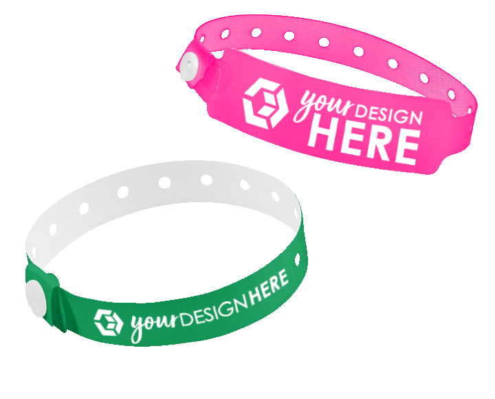 Pink custom plastic wristbands with white imprint and green custom vinyl wristbands with white imprint