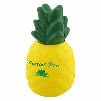 Foam pineapple stress ball with a promotional logo.