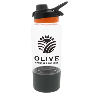 Plastic clear water bottle with branding in 38 ounces.