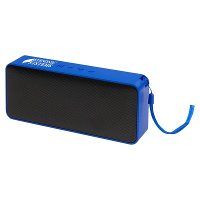 Blue plastic speaker with a personalized logo.