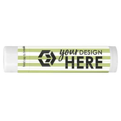 Polypropylene party favor lip balm with a personalized logo.