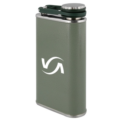 Green flask with custom imprint in 8 ounces.