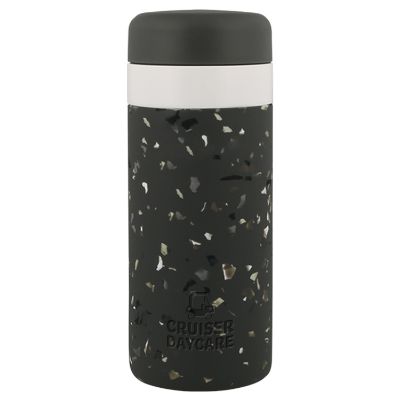 Charcoal terrazzo stainless bottle with engraved logo.