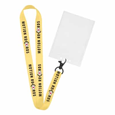 3/4 inch satin polyester full-color custom design lanyard with lobster clip and vertical ID holder.