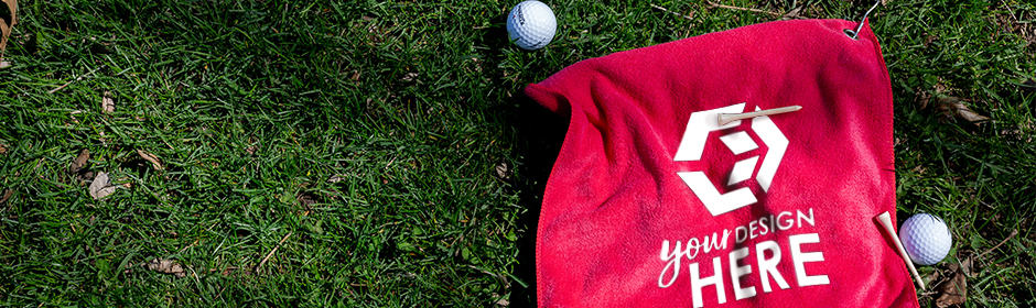 Red golf towel with white imprint