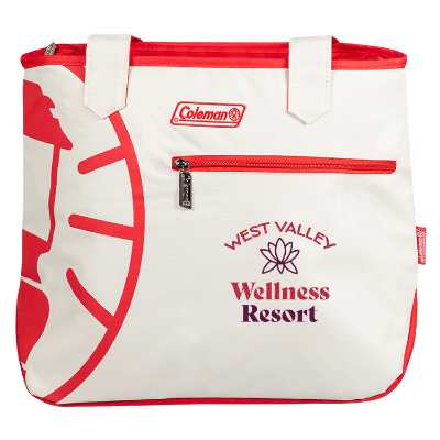 Red cooler tote with embroidered logo.
