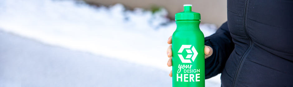 Green water bottle with white imprint
