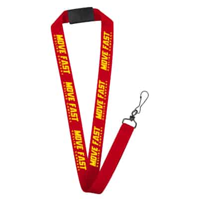 3/4 inch red grosgrain polyester lanyard with custom imprint, breakaway attachment and black j-hook.