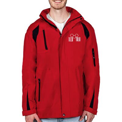 Red personalized mens coat.